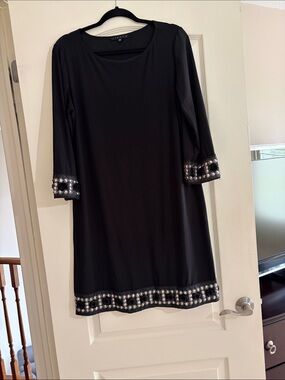 Macy's Ladies, Black Midi Shift Dress with Pearl & Bead Trim. Size 12